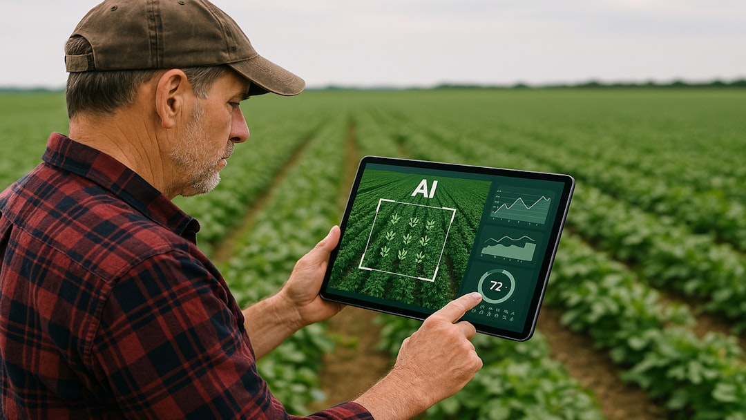 IoT sensors in a field monitoring crops, with data being analyzed on a tablet